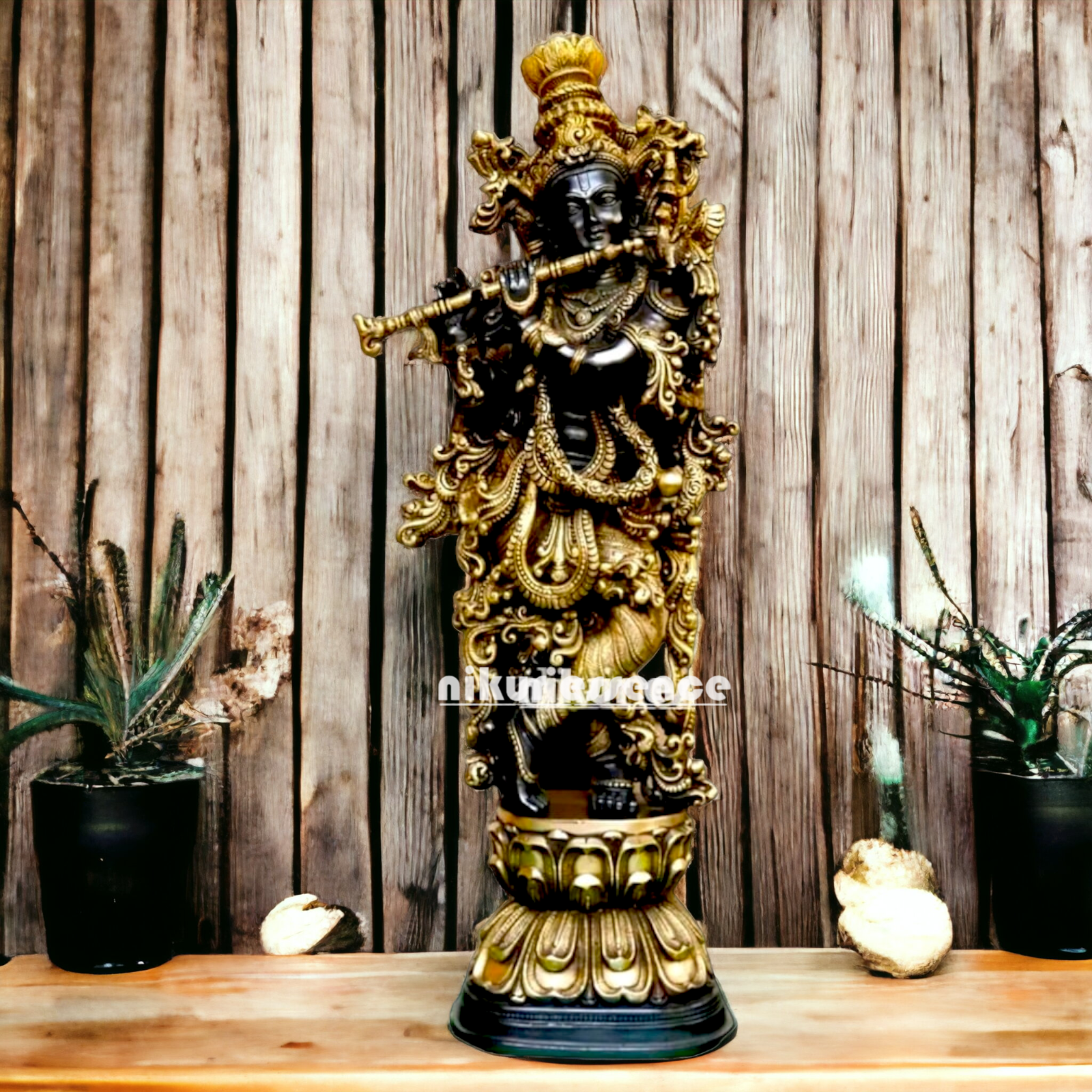 Superfine Brass Black Krishna with Playing Flute Idol - 29 Inches