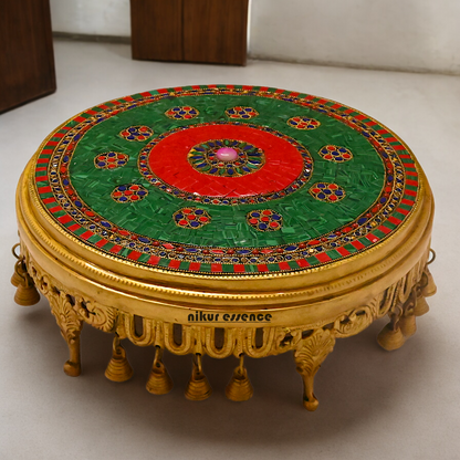 Large Brass Chowki with Stone Work - 11.4 cm Idols Nikuressence