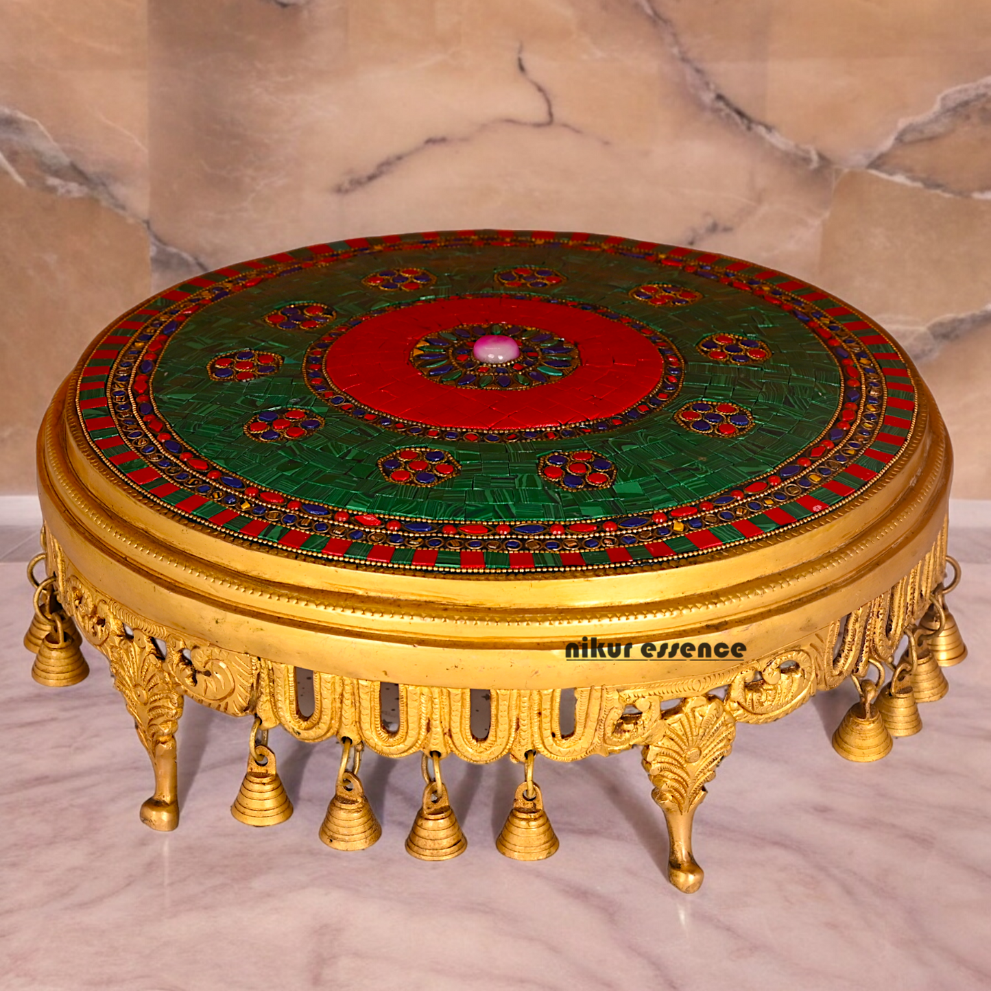 Large Brass Chowki with Stone Work - 11.4 cm Idols Nikuressence