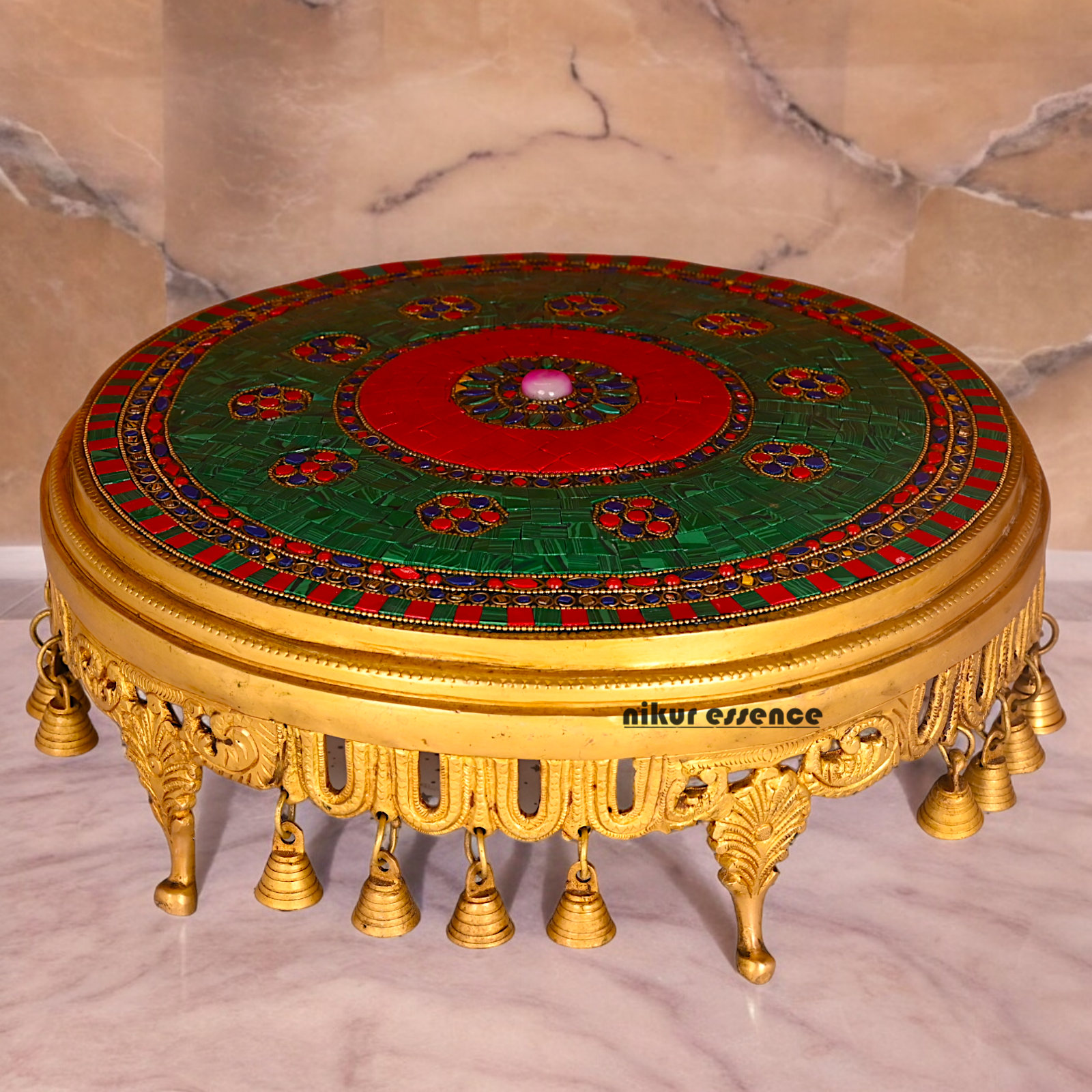 Large Brass Chowki with Stone Work - 11.4 cm Idols Nikuressence