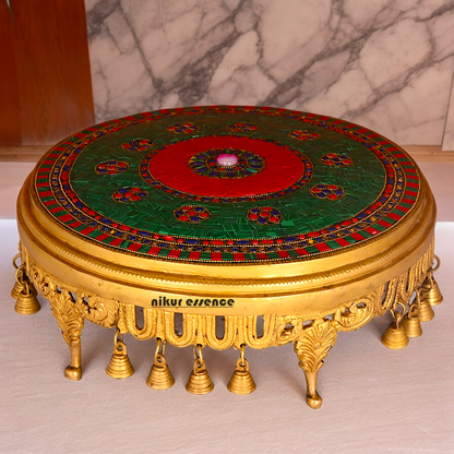 Large Brass Chowki with Stone Work - 11.4 cm Idols Nikuressence