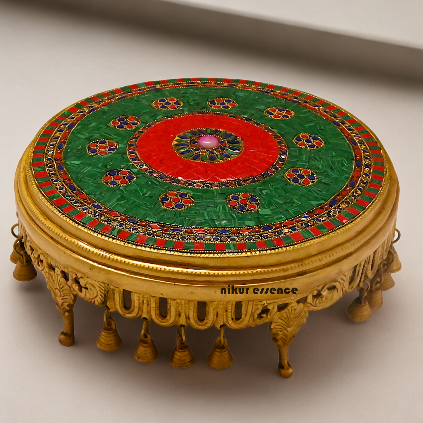 Large Brass Chowki with Stone Work - 11.4 cm Idols Nikuressence