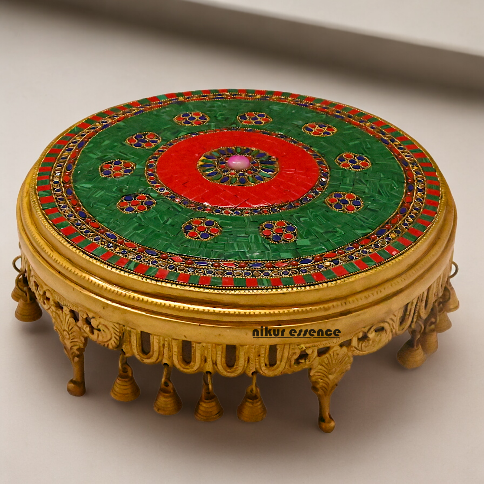 Large Brass Chowki with Stone Work - 11.4 cm Idols Nikuressence