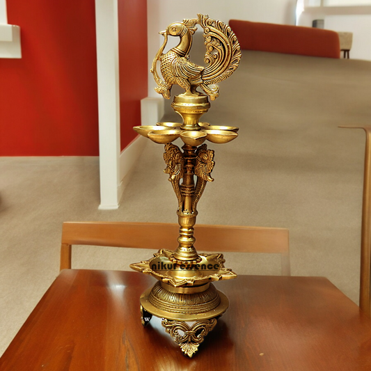 Large Solid Brass Peacock Diya Lamp - 59 cm