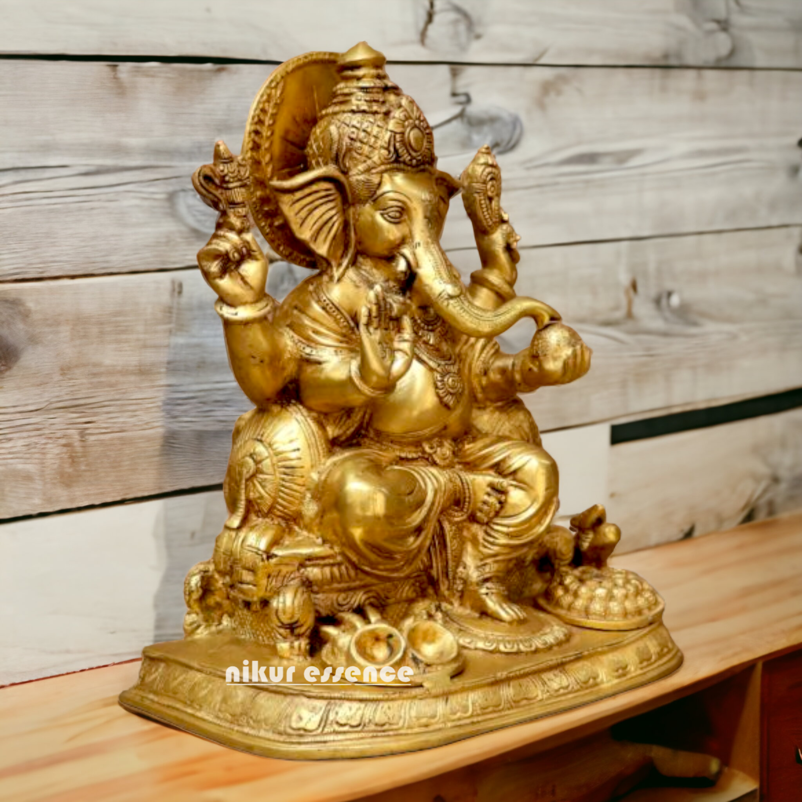 Solid Brass Ganesh Ganpati sitting on singhasan Idol - 13 inches