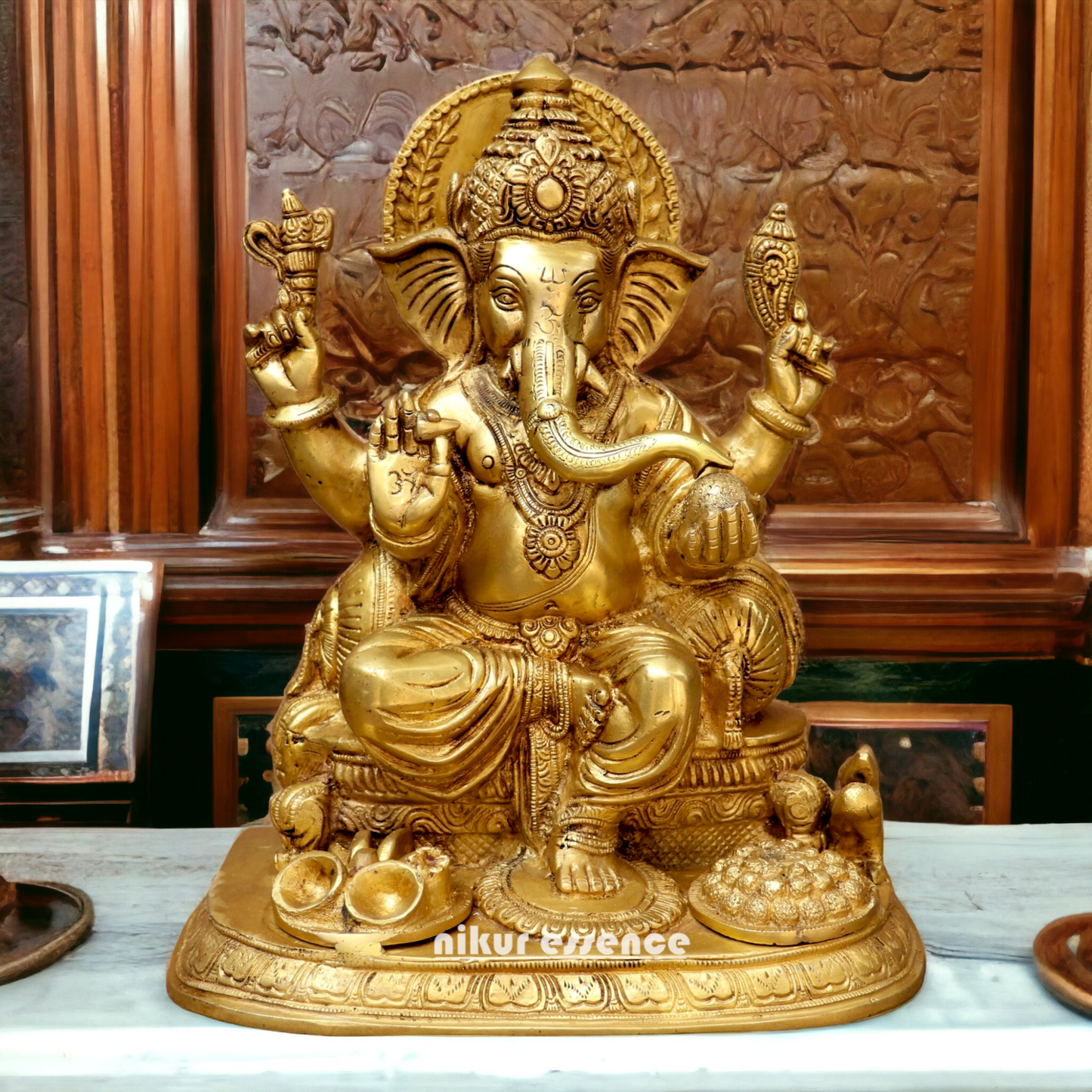 Solid Brass Ganesh Ganpati sitting on singhasan Idol - 13 inches