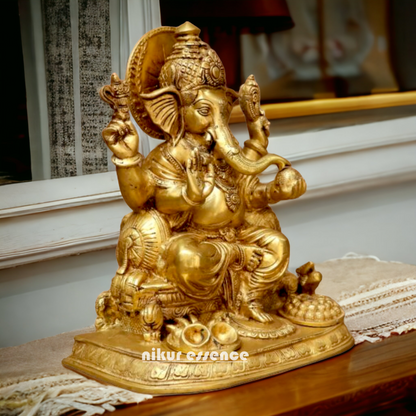 Solid Brass Ganesh Ganpati sitting on singhasan Idol - 13 inches