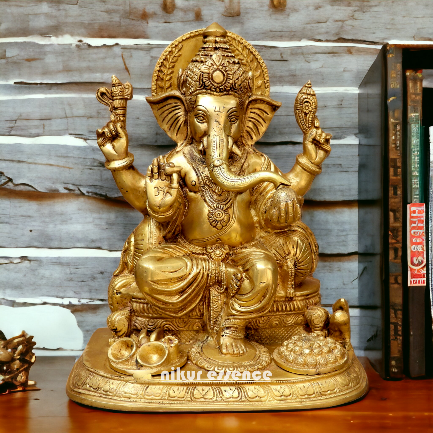 Solid Brass Ganesh Ganpati sitting on singhasan Idol - 13 inches