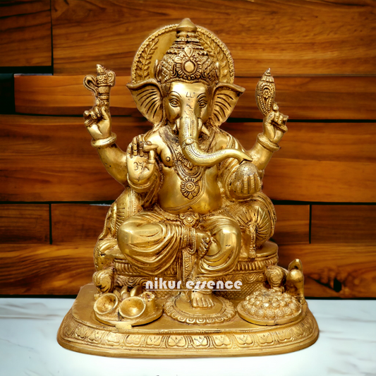 Solid Brass Ganesh Ganpati sitting on singhasan Idol - 13 inches