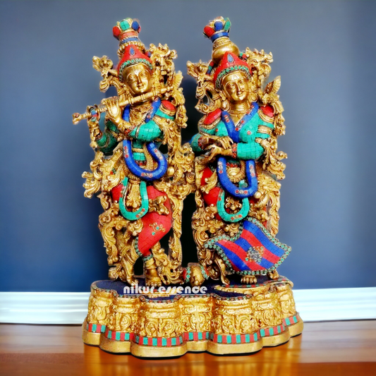 Large Brass Radha Krishna with Stone Work Idol - 29 inches Idols Nikuressence