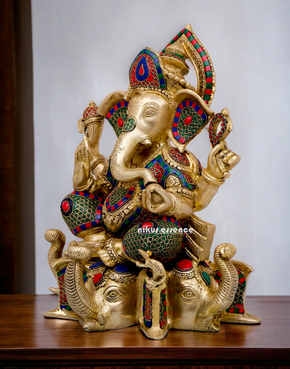 Large Brass Ganesh Sitting on Gajapati Idol with Stone work - 43 cm