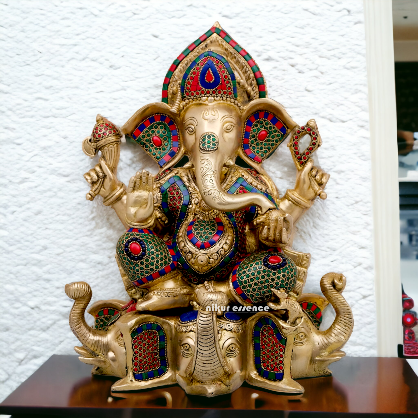 Large Brass Ganesh Sitting on Gajapati Idol with Stone work - 43 cm