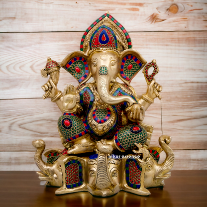 Large Brass Ganesh Sitting on Gajapati Idol with Stone work - 43 cm