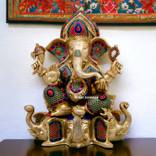 Large Brass Ganesh Sitting on Gajapati Idol with Stone work - 43 cm