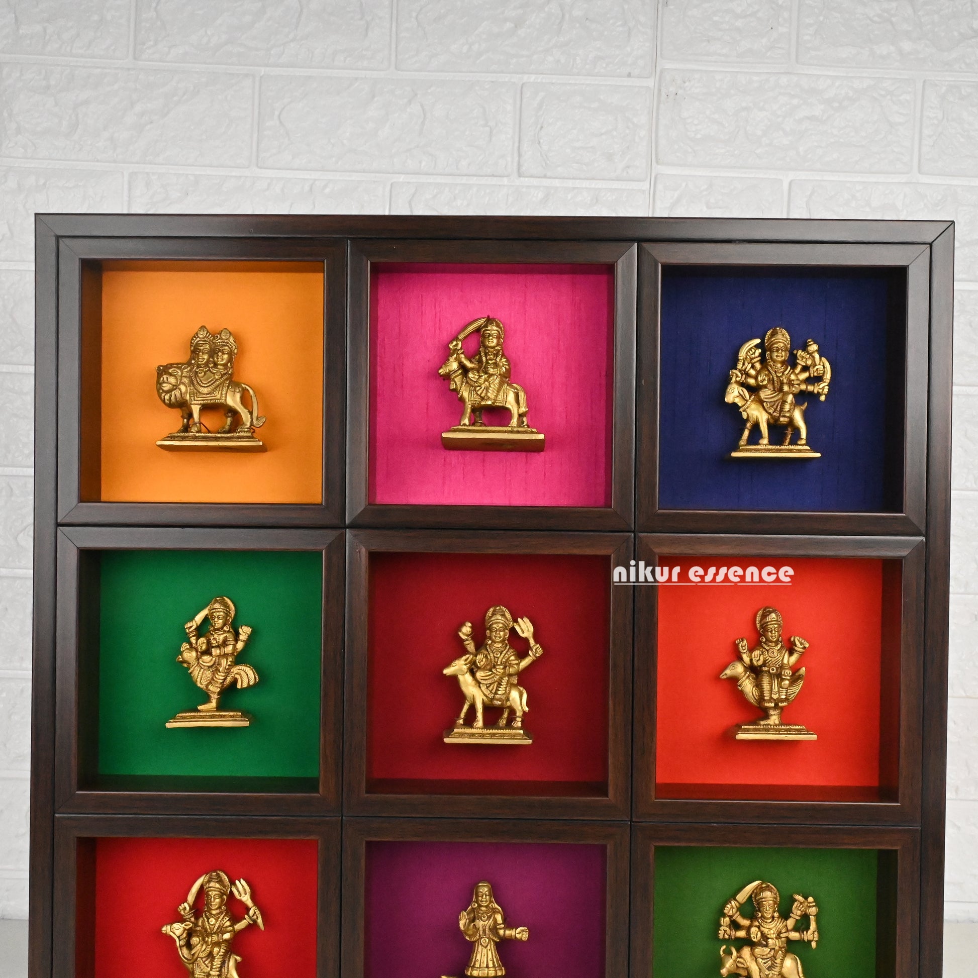 Nav Durga brass idols in colorful wooden frame - 20 inches