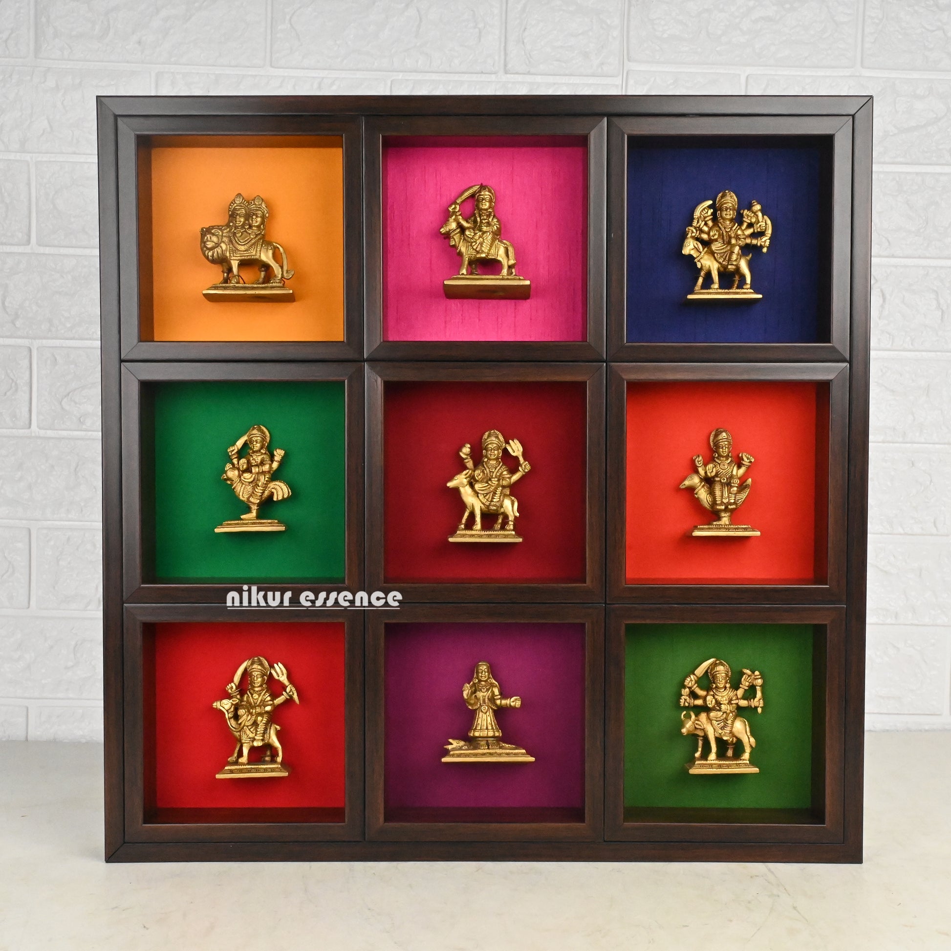 Nav Durga brass idols in colorful wooden frame - 20 inches