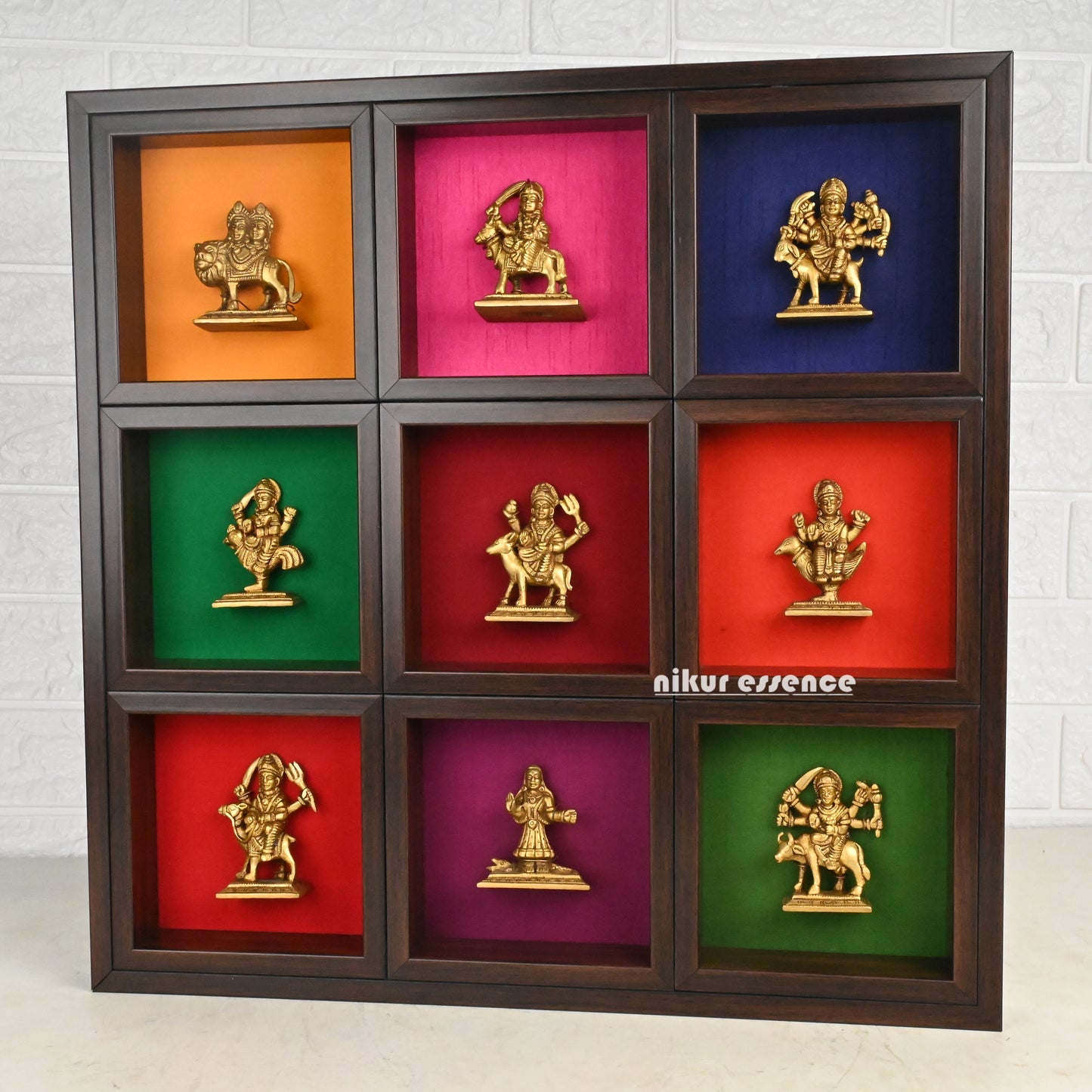 Nav Durga brass idols in colorful wooden frame - 20 inches