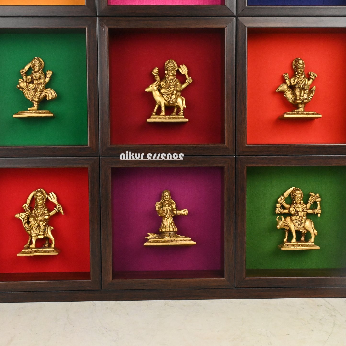 Nav Durga brass idols in colorful wooden frame - 20 inches