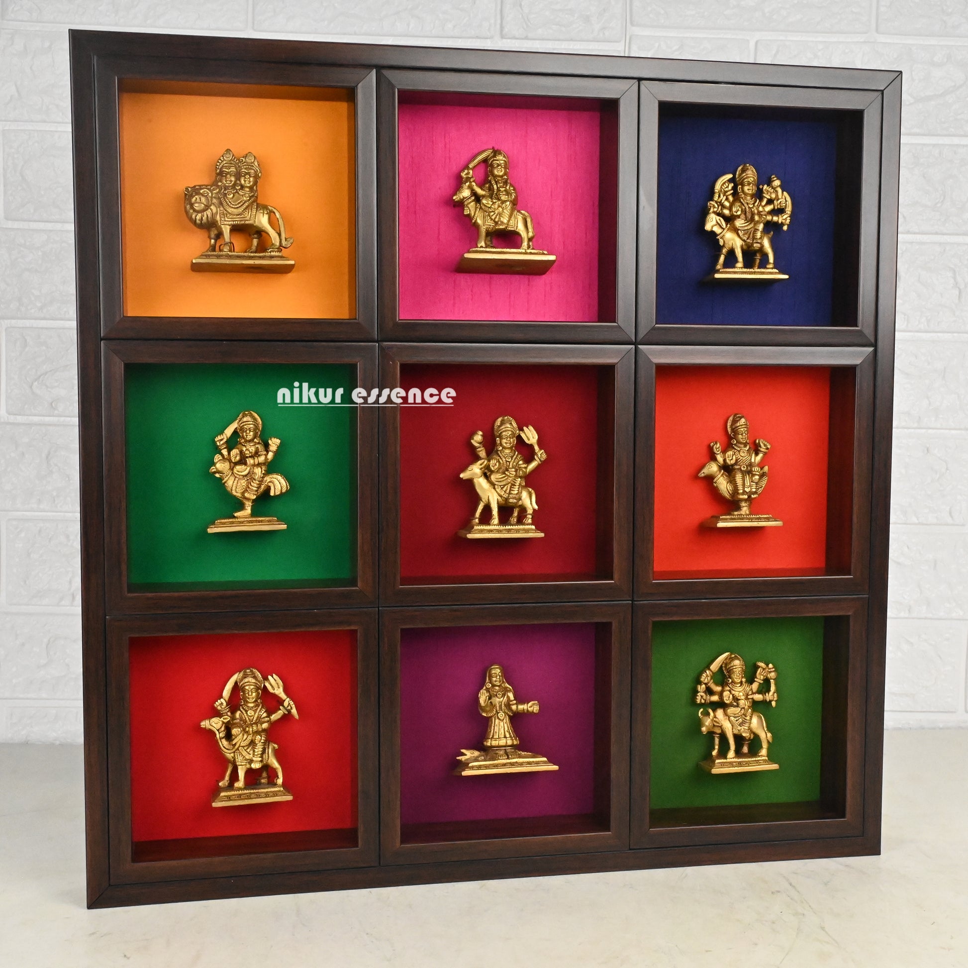 Nav Durga brass idols in colorful wooden frame - 20 inches