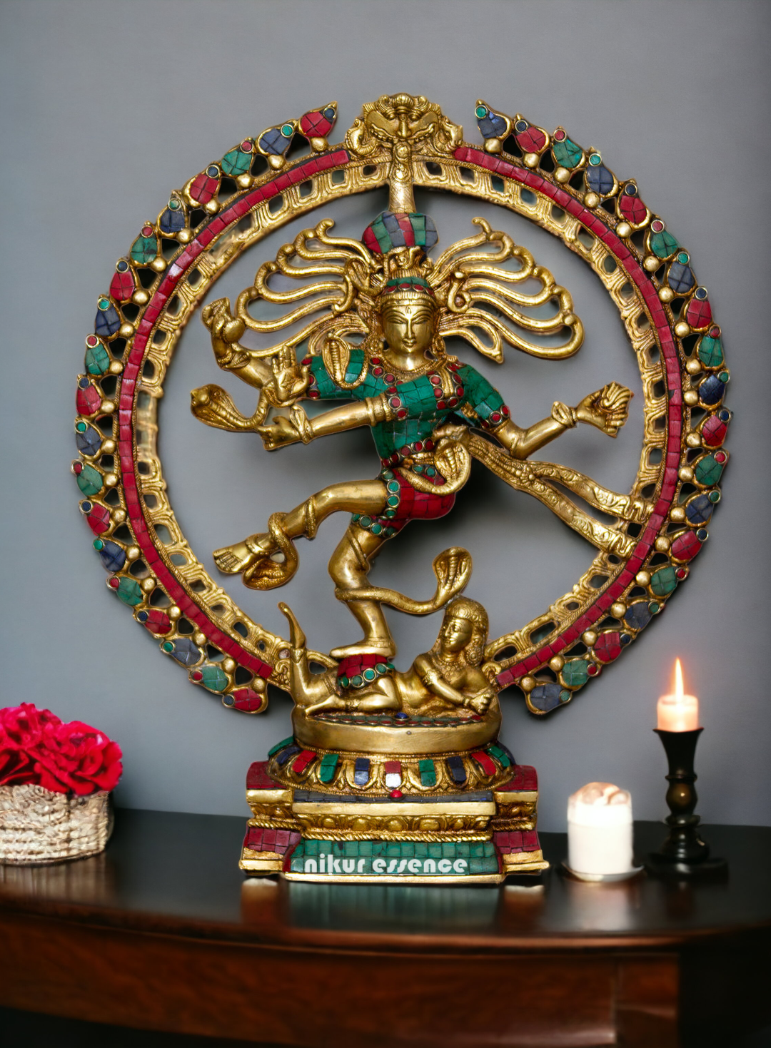 Large solid Brass Natraja Shiva dancing with Stone work Idol - 20.5 inches