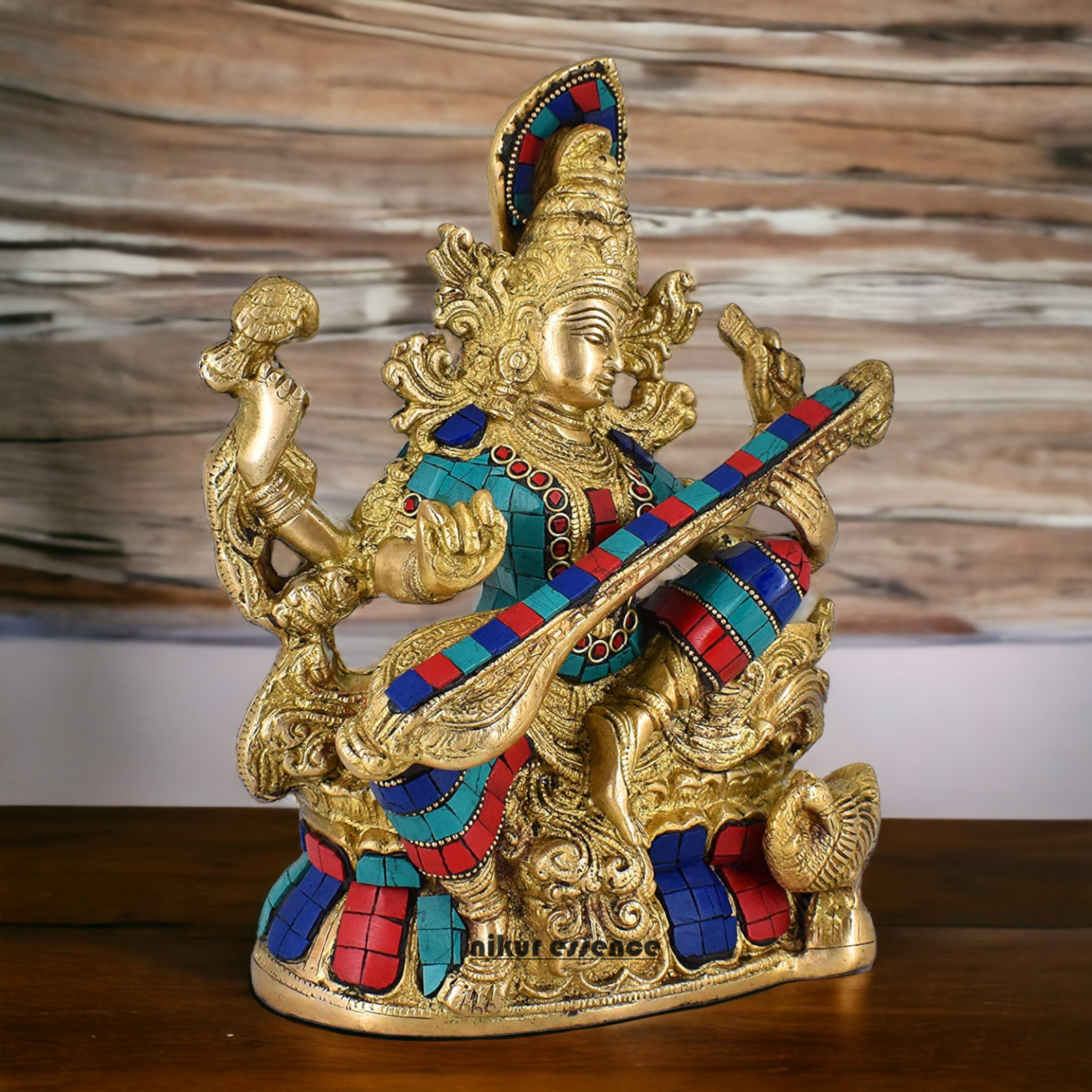 online Brass Saraswati Sitting playing veena idol with Stone work - 11.5 inches