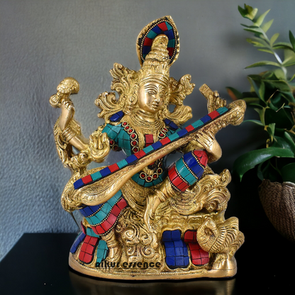 online Brass Saraswati Sitting playing veena idol with Stone work - 11.5 inches