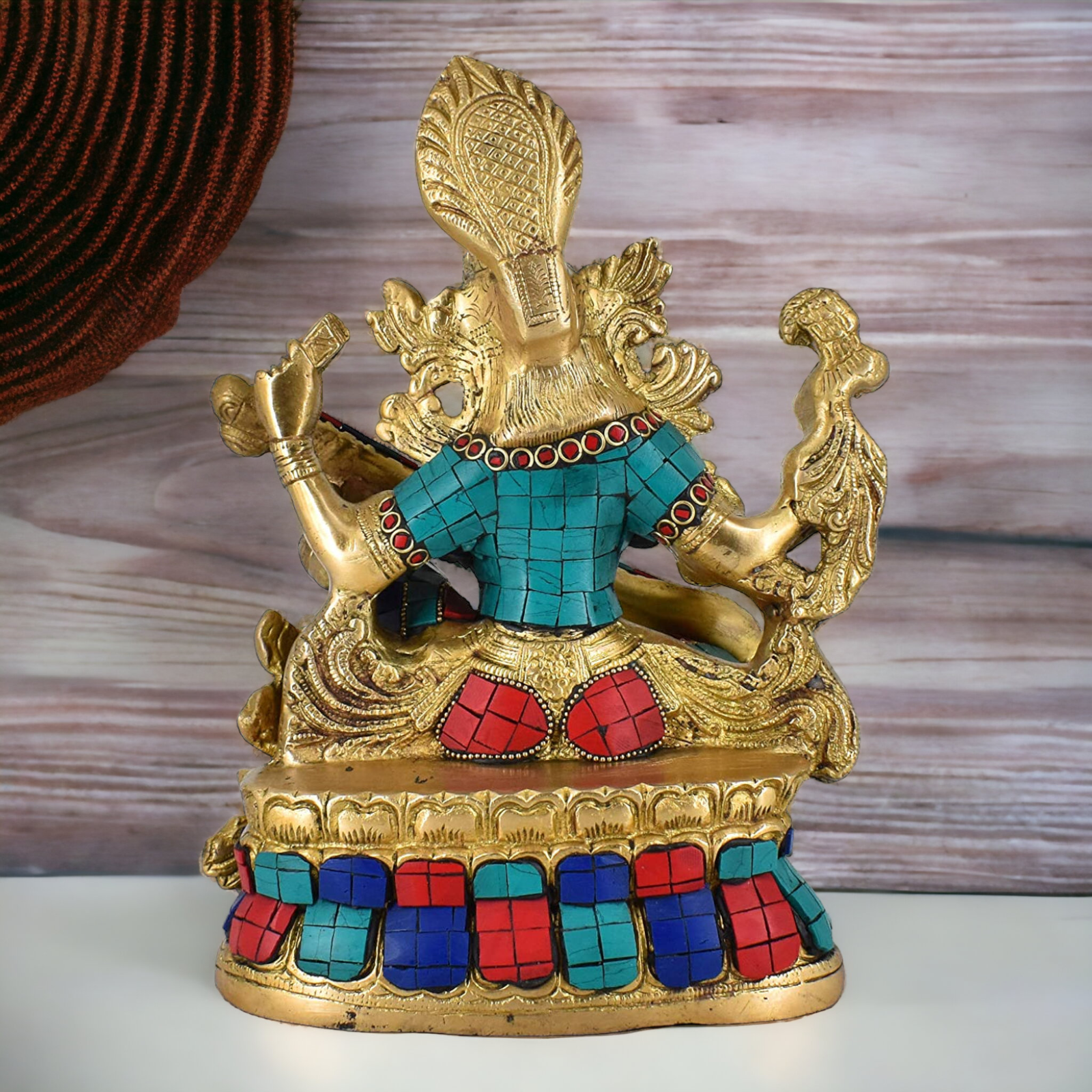 online Brass Saraswati Sitting playing veena idol with Stone work - 11.5 inches