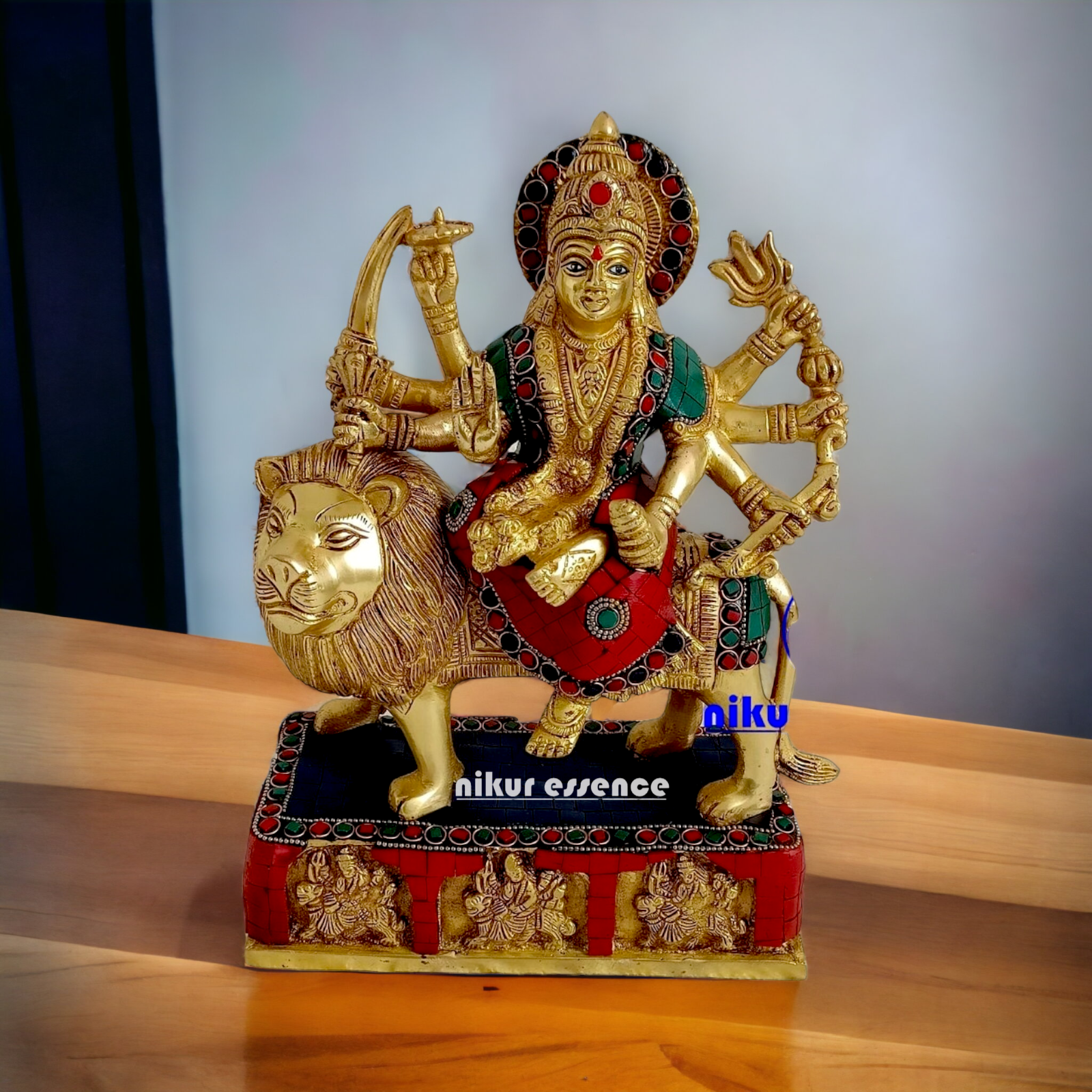 Brass Durga maa Sitting on Lion Idol with stone work - 11 inches