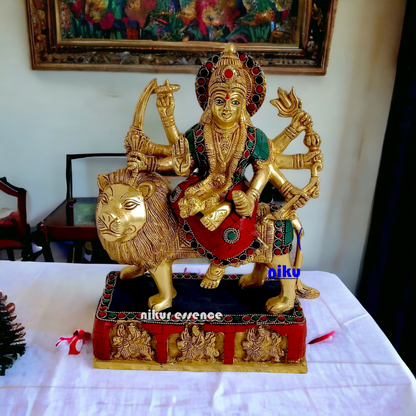 Brass Durga maa Sitting on Lion Idol with stone work - 11 inches