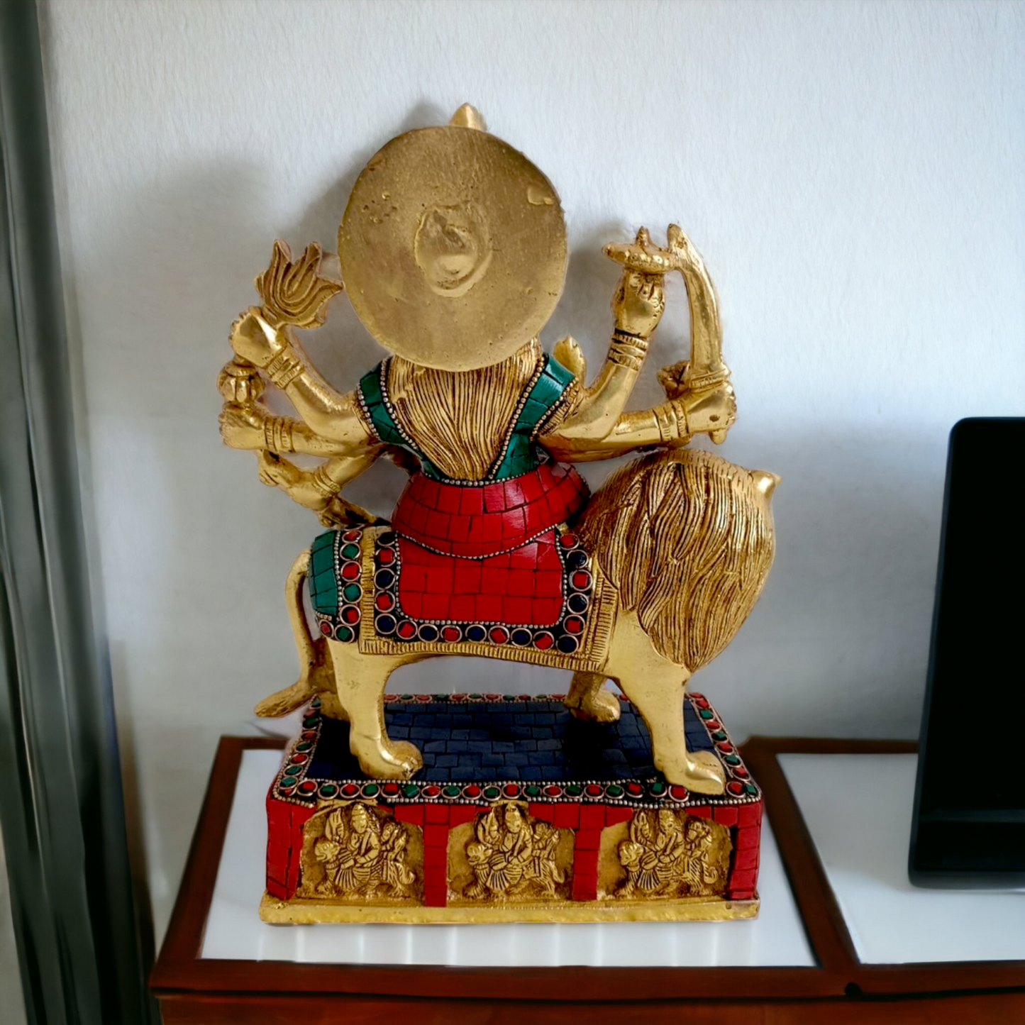 Brass Durga maa Sitting on Lion Idol with stone work - 11 inches