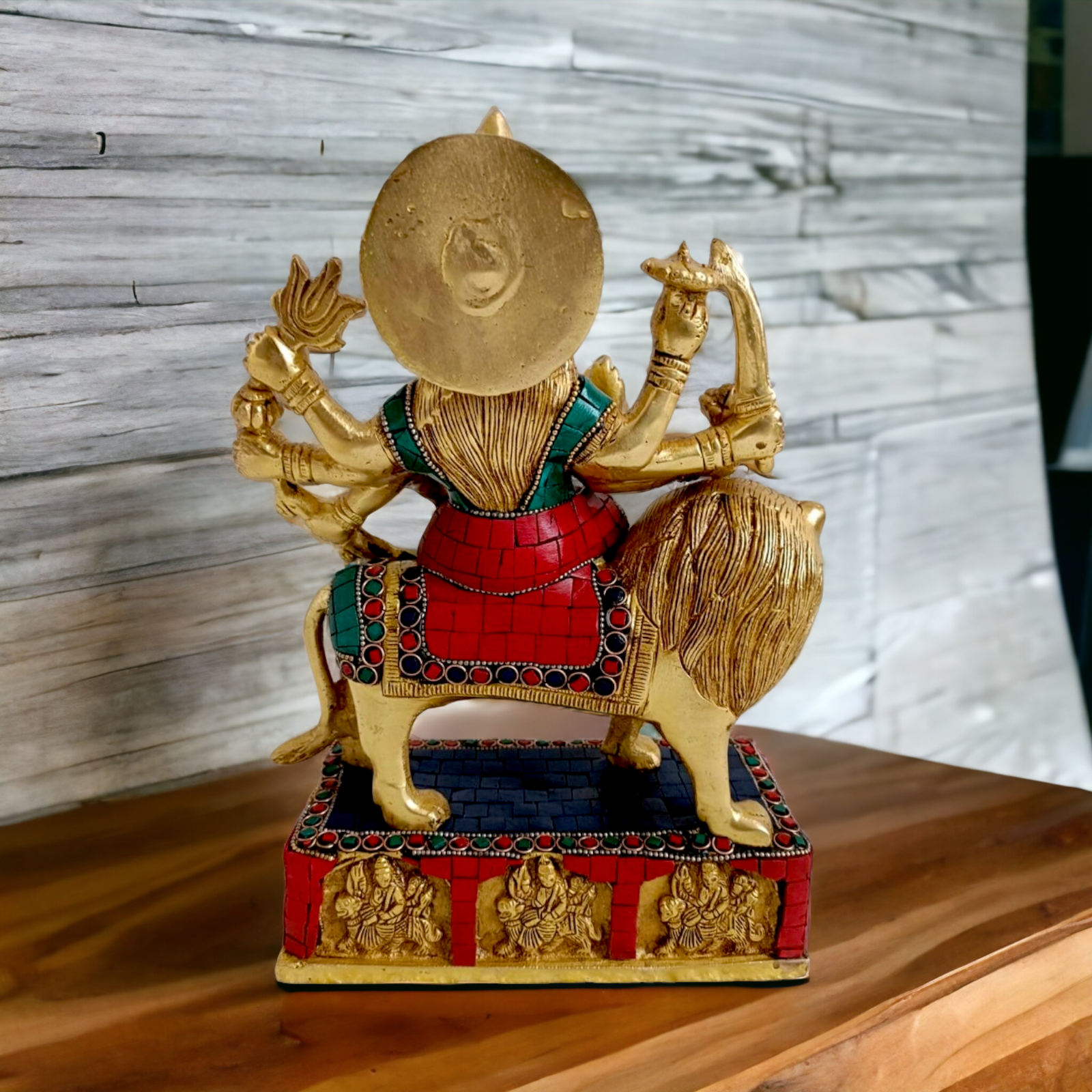 Brass Durga maa Sitting on Lion Idol with stone work - 11 inches