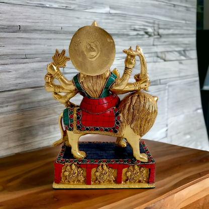 Brass Durga maa Sitting on Lion Idol with stone work - 11 inches