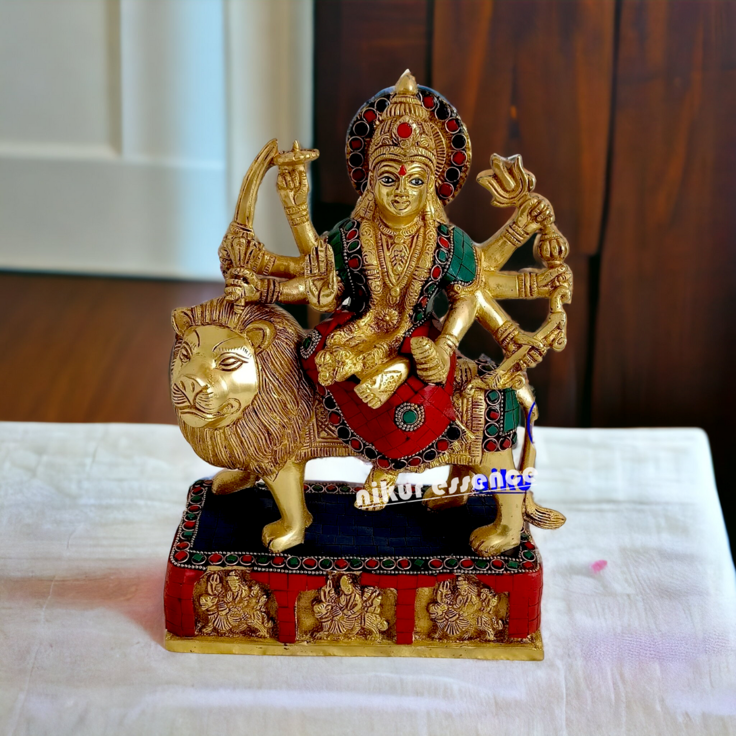 Brass Durga maa Sitting on Lion Idol with stone work - 11 inches