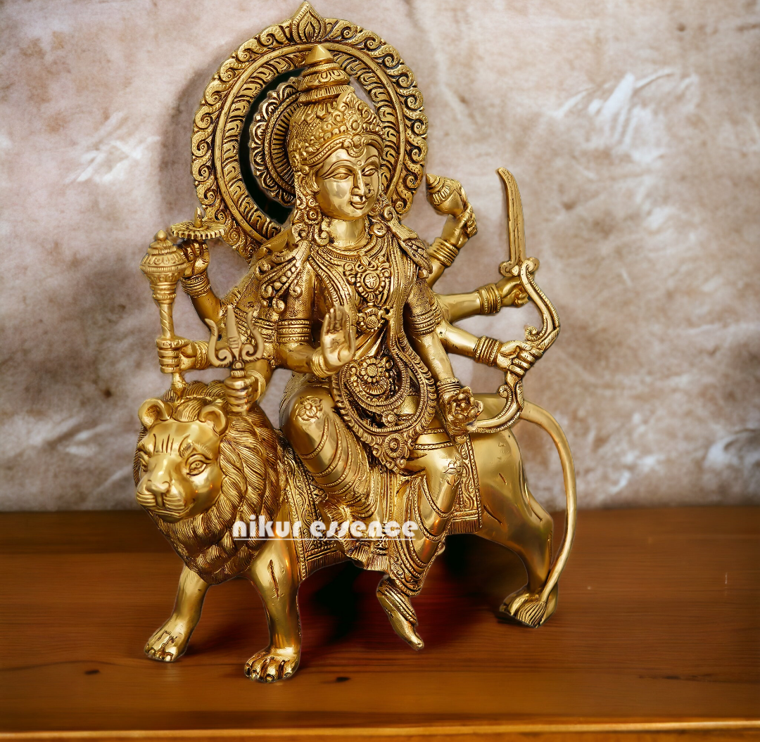 Pure Brass Durga sitting on Lion Idol - 12 inch