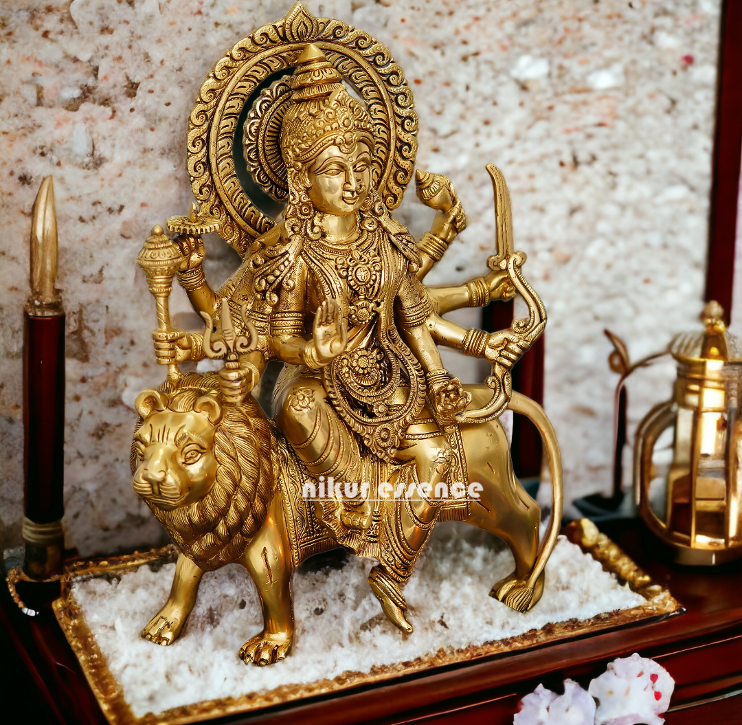 Pure Brass Durga sitting on Lion Idol - 12 inch