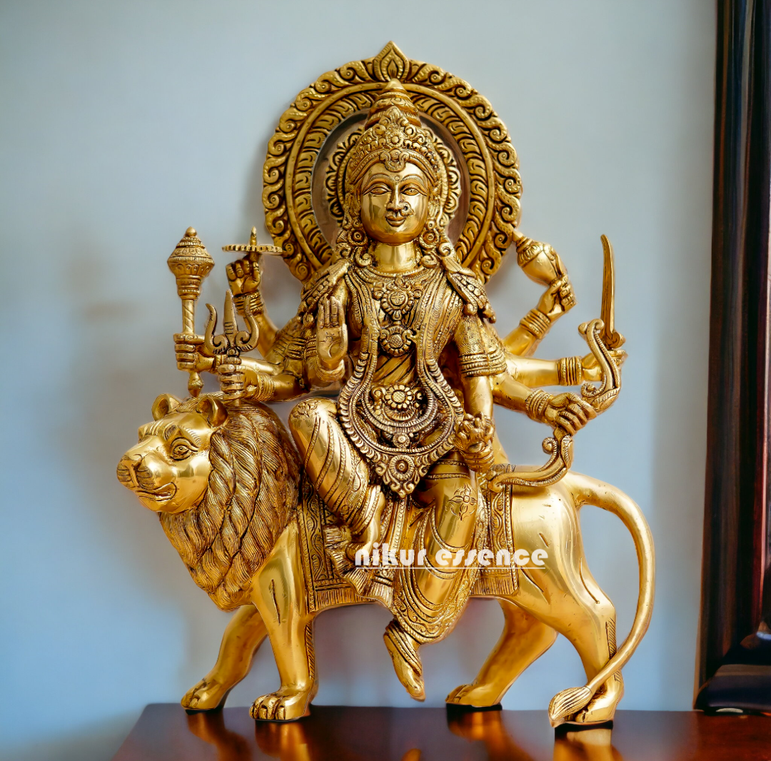 Pure Brass Durga sitting on Lion Idol - 12 inch