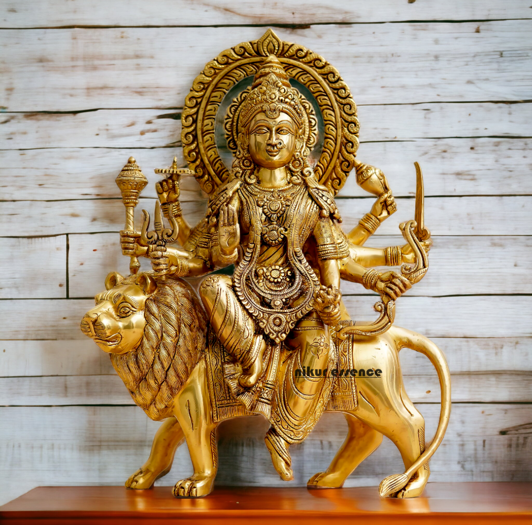 Pure Brass Durga sitting on Lion Idol - 12 inch