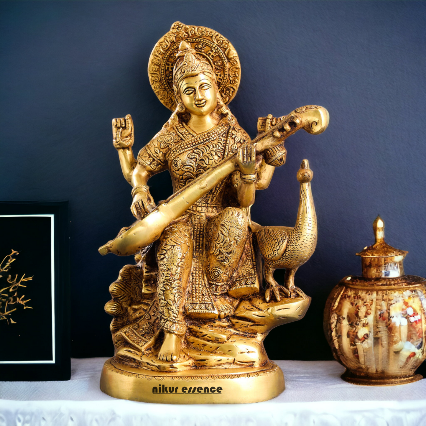 Solid Brass Saraswati Playing Veena sitting on swan idol - 38 cm