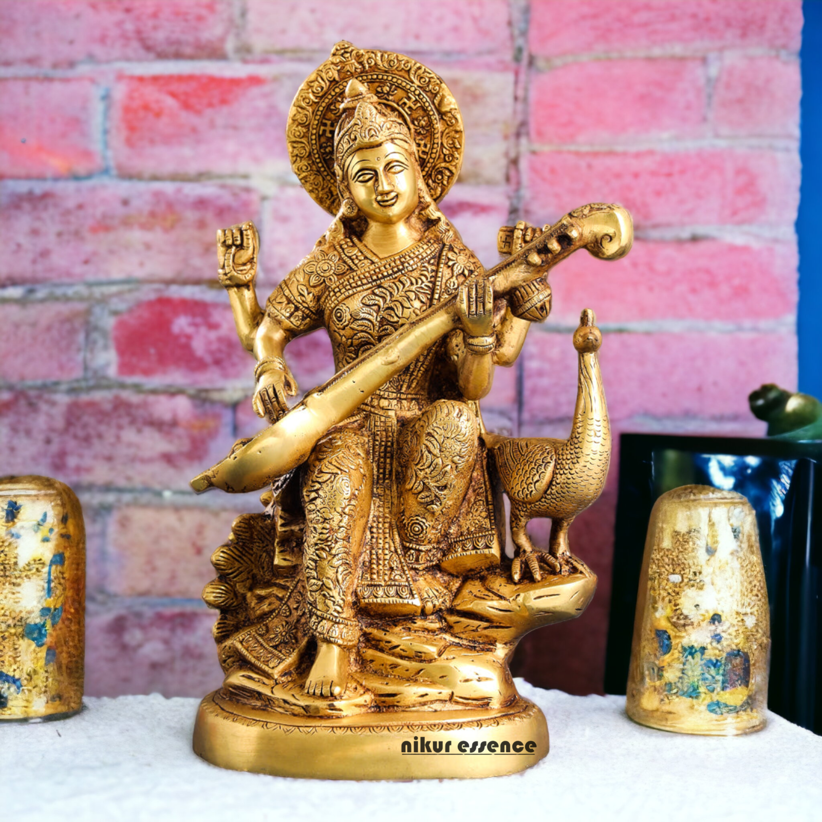 Solid Brass Saraswati Playing Veena sitting on swan idol - 38 cm