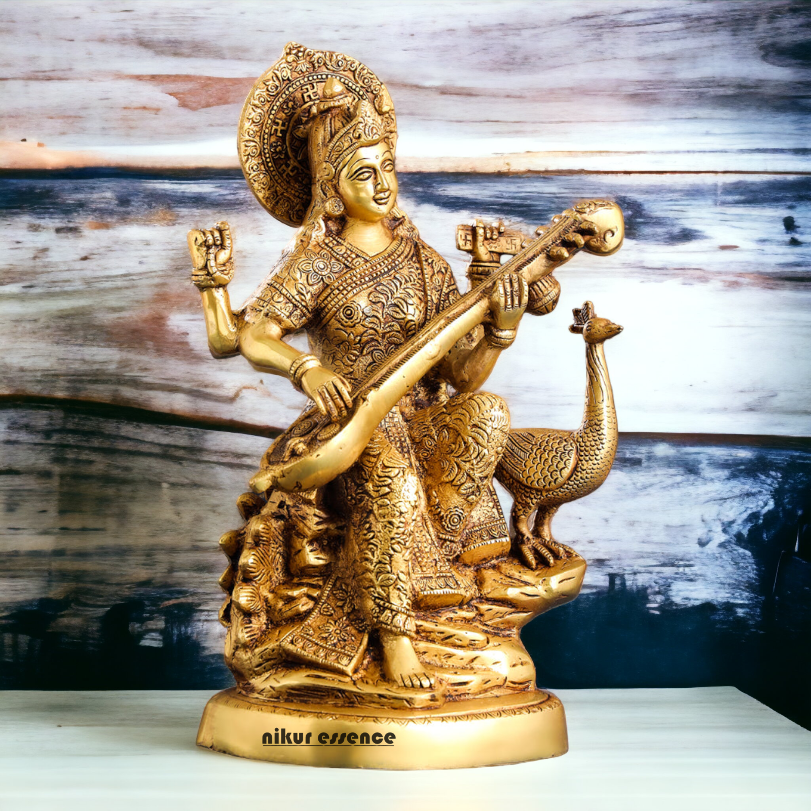 Solid Brass Saraswati Playing Veena sitting on swan idol - 38 cm