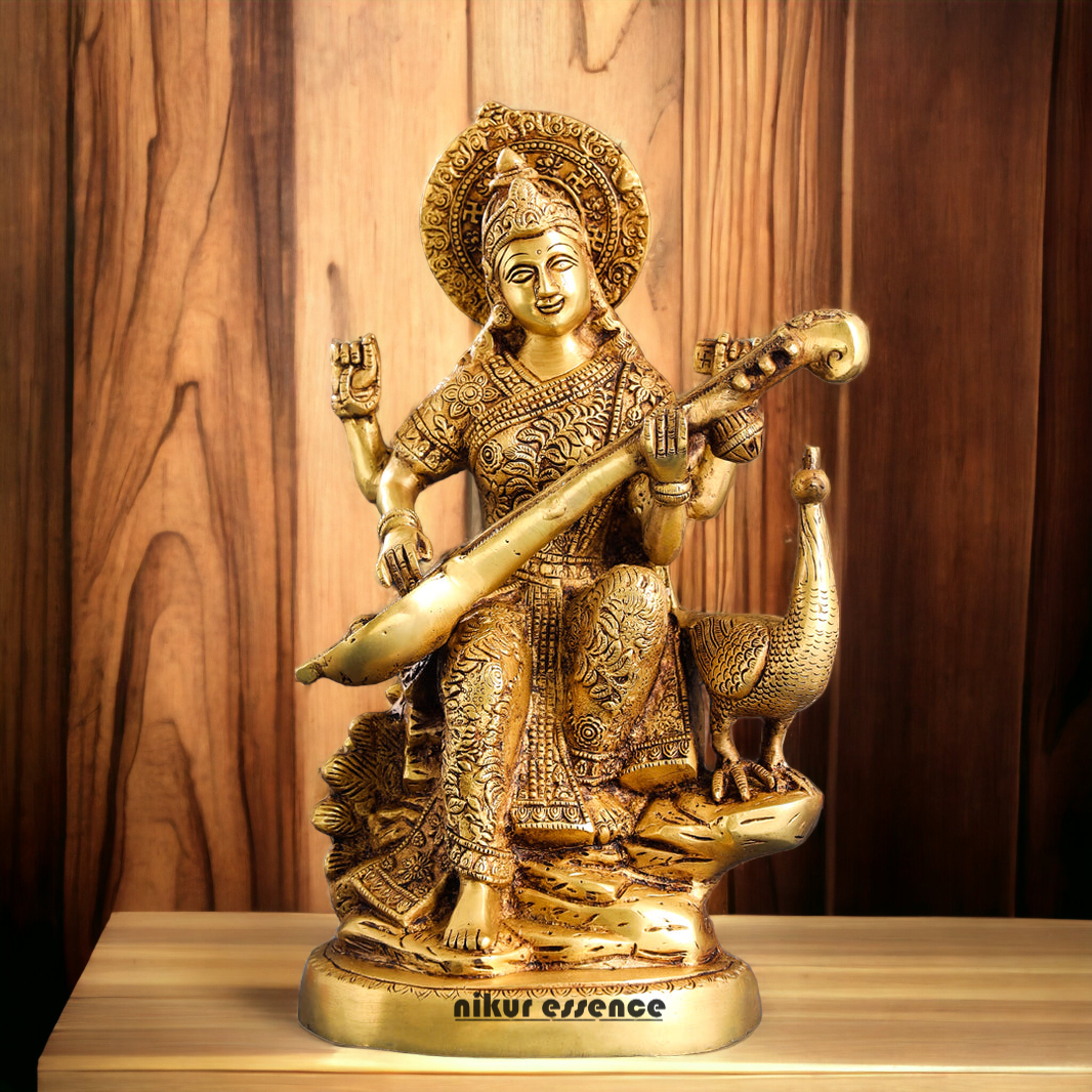 Solid Brass Saraswati Playing Veena sitting on swan idol - 38 cm