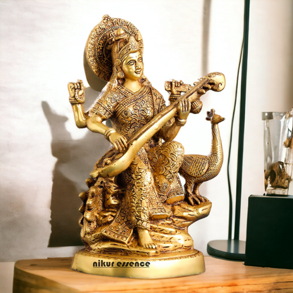 Solid Brass Saraswati Playing Veena sitting on swan idol - 38 cm