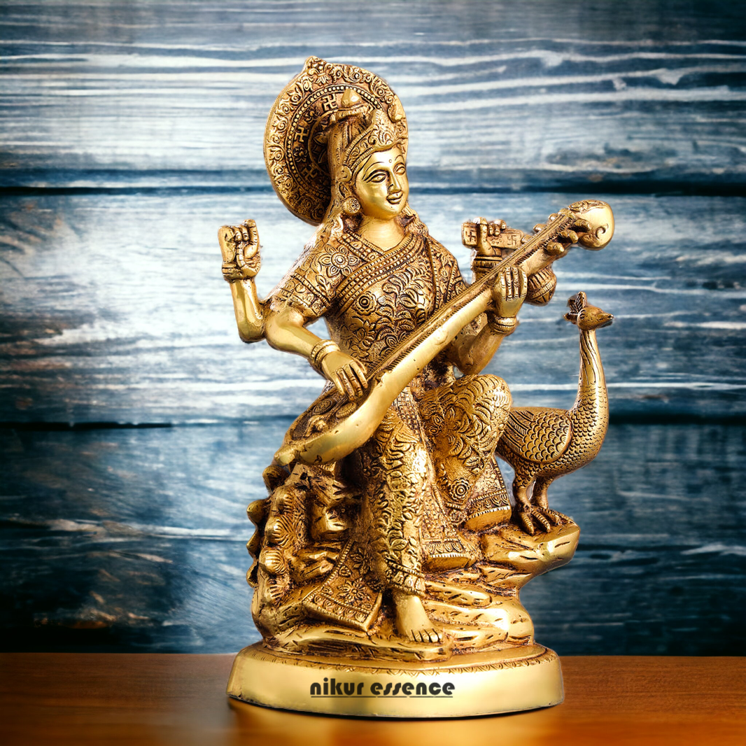 Solid Brass Saraswati Playing Veena sitting on swan idol - 38 cm