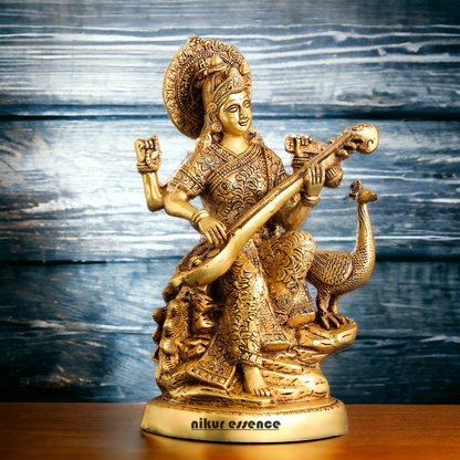 Solid Brass Saraswati Playing Veena sitting on swan idol - 38 cm