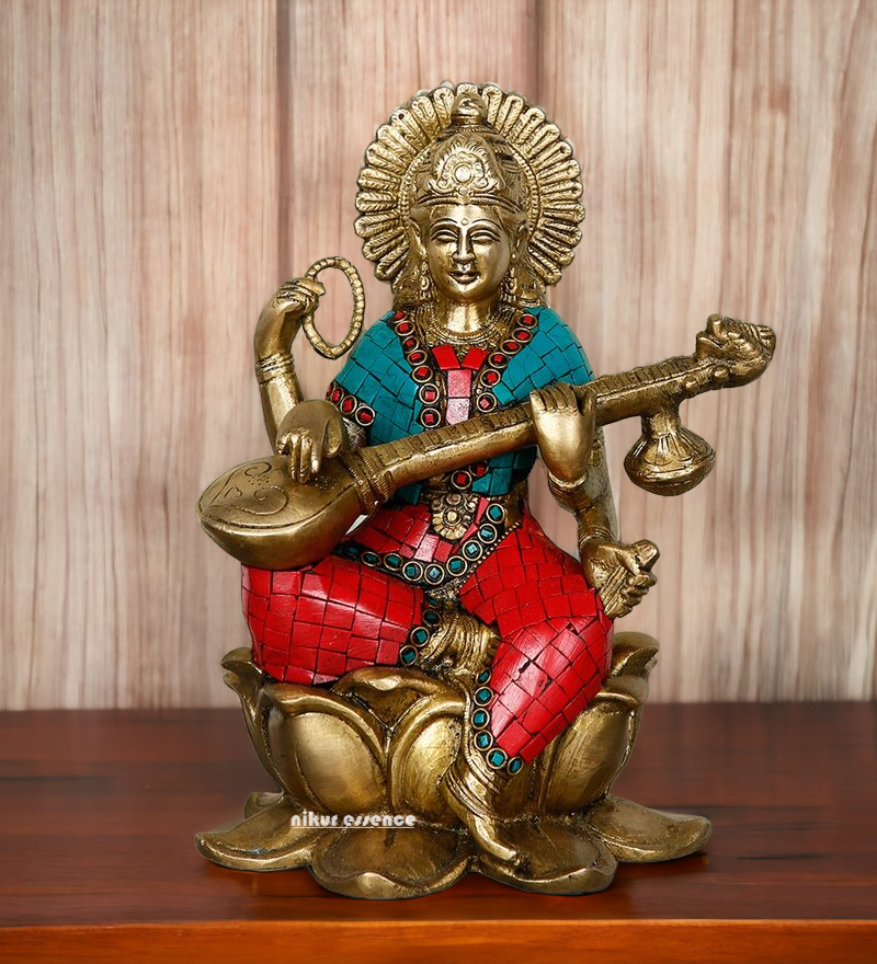 Online Brass Saraswati Playing Veena with Stone Work Idol - 9.5 inches