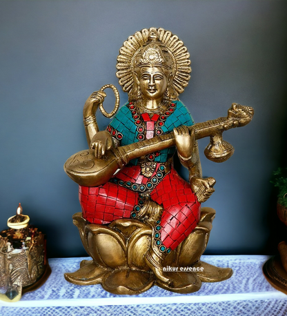 Online Brass Saraswati Playing Veena with Stone Work Idol - 9.5 inches