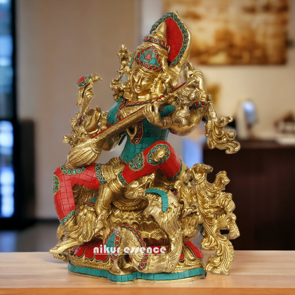 Buy Brass Saraswati Playing Veena with Stone work Idol - 40.64 cm