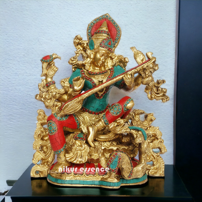 Buy Brass Saraswati Playing Veena with Stone work Idol - 40.64 cm