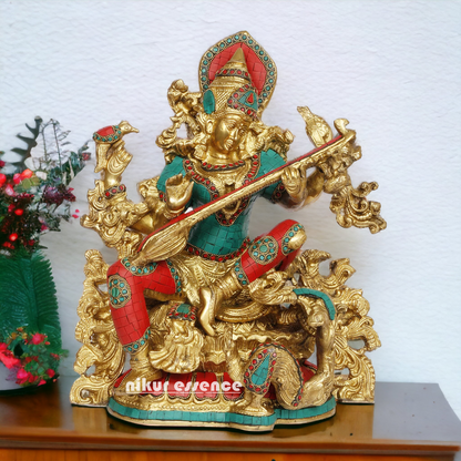 Buy Brass Saraswati Playing Veena with Stone work Idol - 40.64 cm