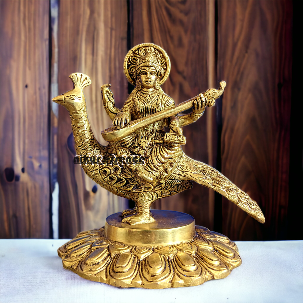 Solid Brass Goddess Saraswati Sitting on Swan Idol - 17.27 cm